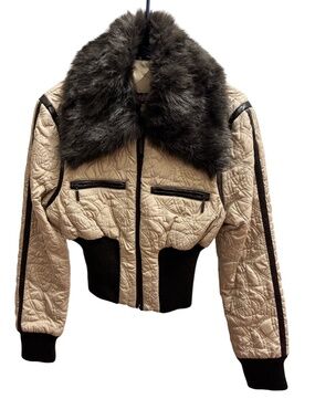 Y2K Mudd Cream Quilted Bomber Jacket with Brown Fur Collar